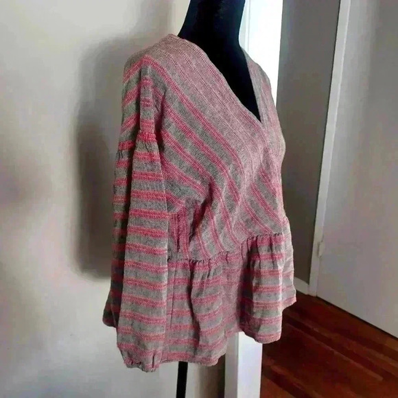 Madewell Womens Gray and Red Striped Bubble-Sleeve Peplum Top M - Picture 5 of 16